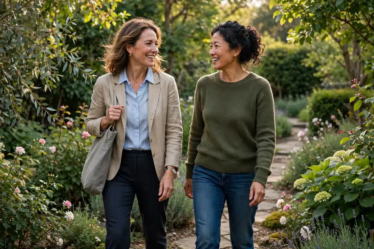 Photo of two women friends walking side by side in a garden after an appointment, talking and smiling gently