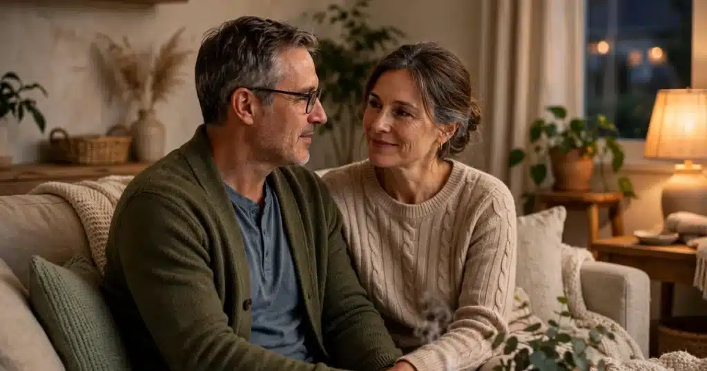 Photo of a husband and wife sitting close together on a sofa at home in warm evening light, talking quietly