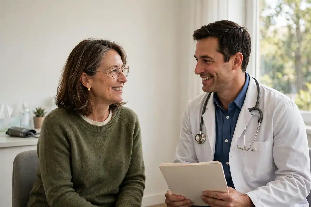 Photo of a woman meeting her primary care doctor in a bright clinic room, talking together while the doctor holds a plain folder