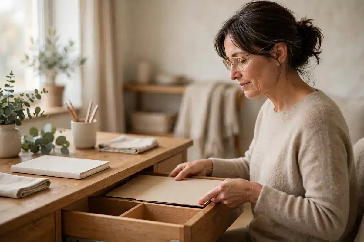 Photo of a woman at home in soft daylight calmly placing a plain folder of her records into a desk drawer
