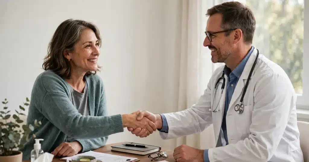 Photo of a woman shaking hands warmly with her doctor across a desk in a bright clinic office, both smiling gently