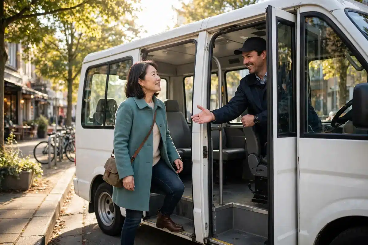Photo of a woman stepping onto a small shuttle bus on a bright morning