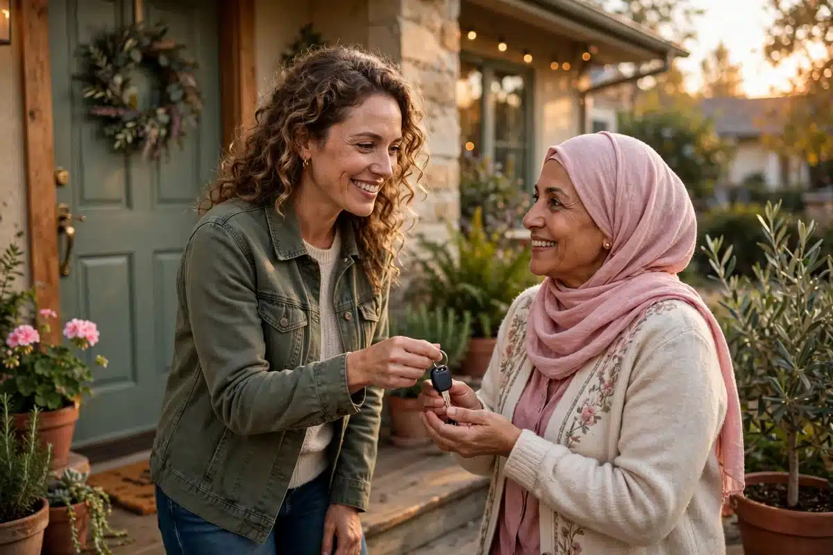 Photo of a friend handing car keys to a woman at her front door