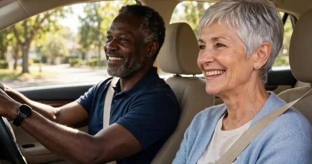 Photo of a smiling woman in the passenger seat of a car while a volunteer driver drives her