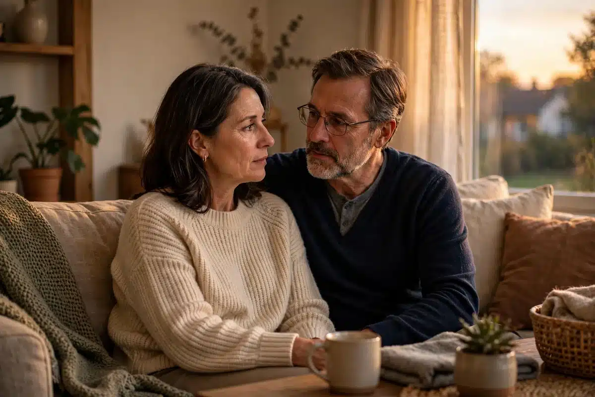 Photo of a woman and her husband sitting together on a sofa at home in warm evening light, talking quietly