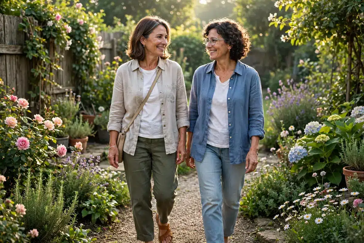 Photo of a woman walking slowly through a garden with a close friend, soft morning light