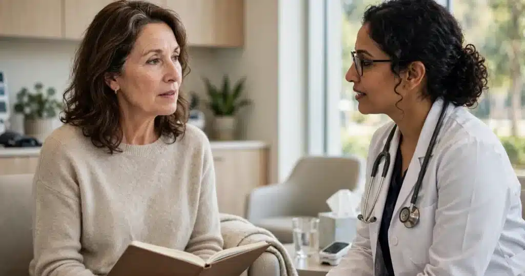 Photo of a woman in her 50s talking with her oncologist in a bright clinic room, a notebook open on her lap
