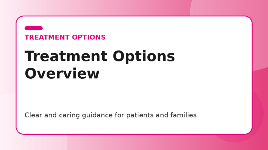 Pink title graphic for a guide to breast cancer treatment options for patients and families