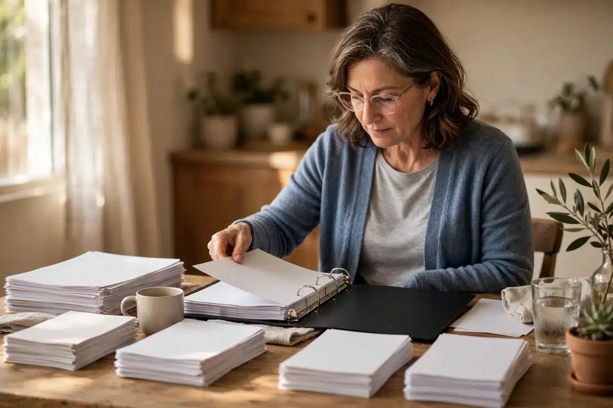 Photo of a woman organizing medical papers into a plain binder at her dining table