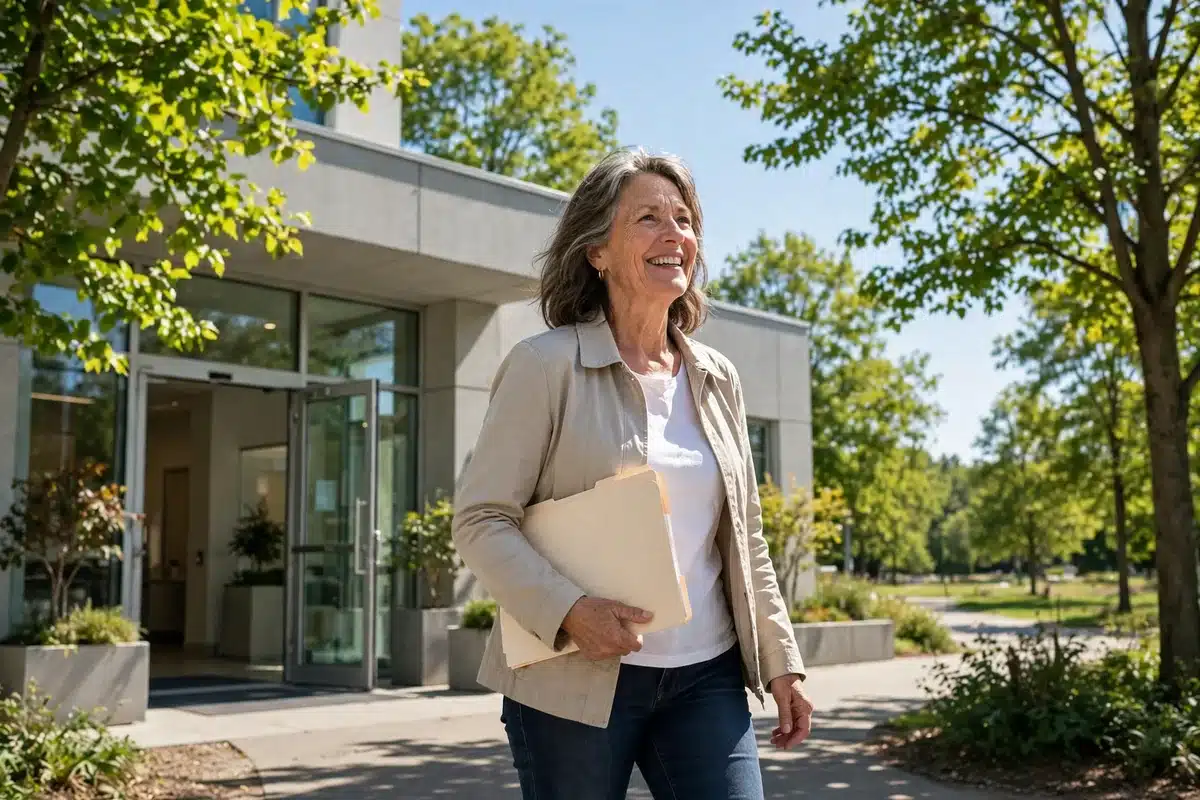 Photo of a smiling woman in her 50s walking out of a clinic into sunshine with a folder under her arm