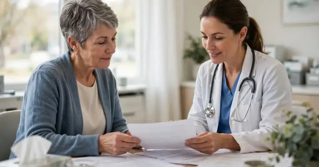 Photo of a woman reviewing treatment summary documents with her doctor at a follow-up appointment