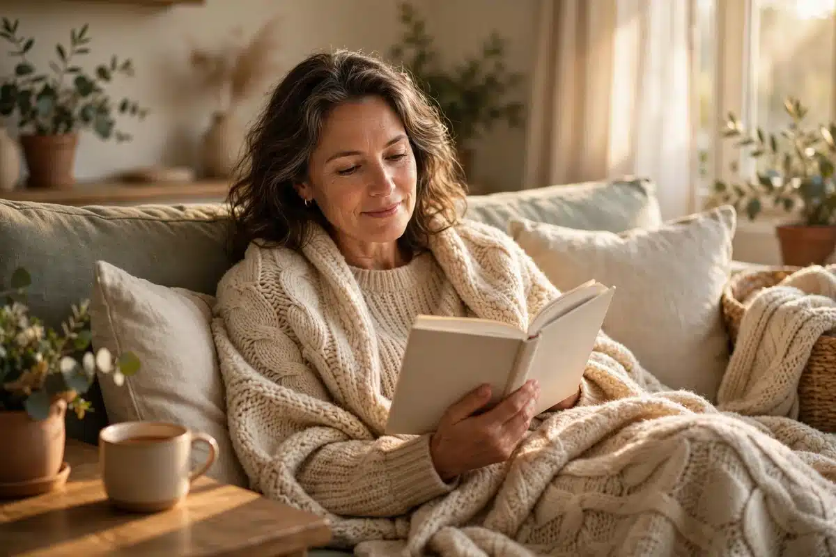 Photo of a woman resting on her sofa at home under a soft blanket, reading a book