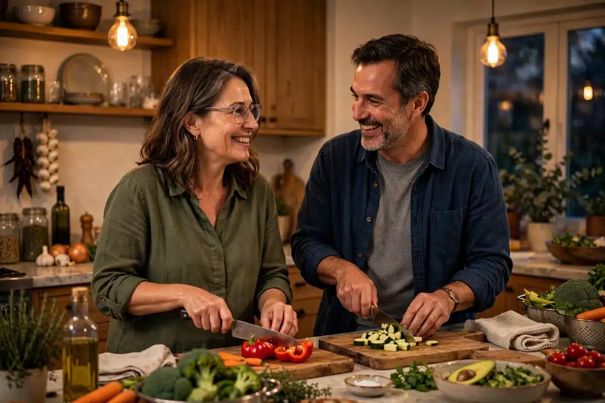 Photo of a woman and her partner preparing a healthy meal together in their kitchen in warm evening light