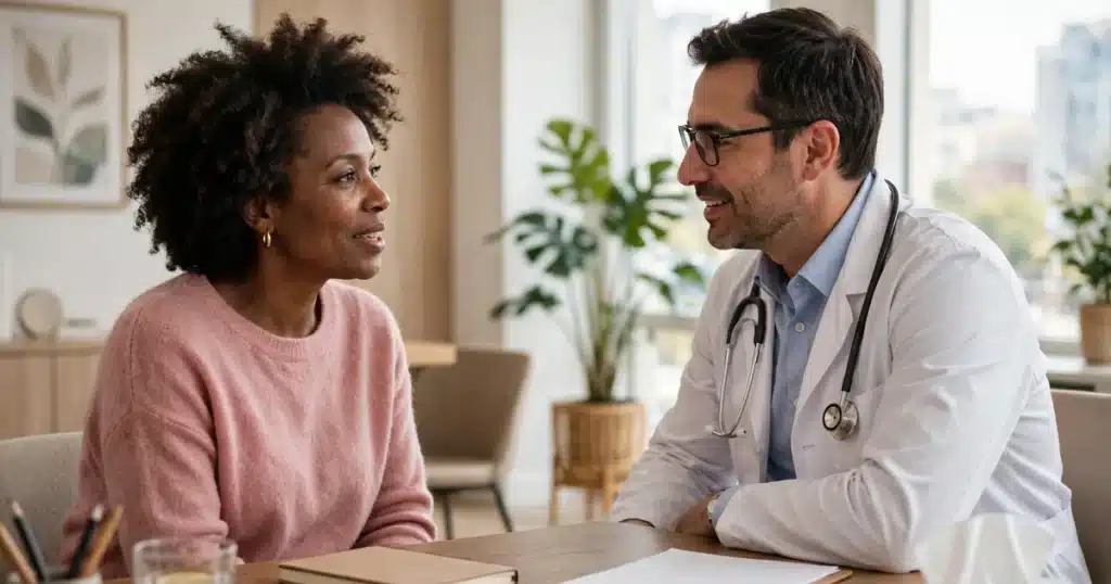 Photo of a Black woman in her 40s talking with her oncologist across a desk in a bright office