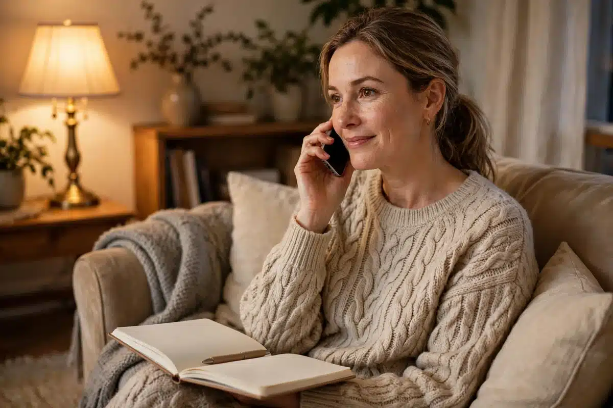 Photograph of a woman in a cream cable-knit sweater sitting on a sofa with an open notebook on her lap, talking on a mobile phone by lamplight