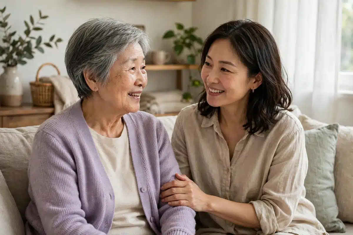 Photograph of two women sitting on a sofa smiling at each other, an older woman with short grey hair in a lavender cardigan and a younger woman resting a hand on her arm