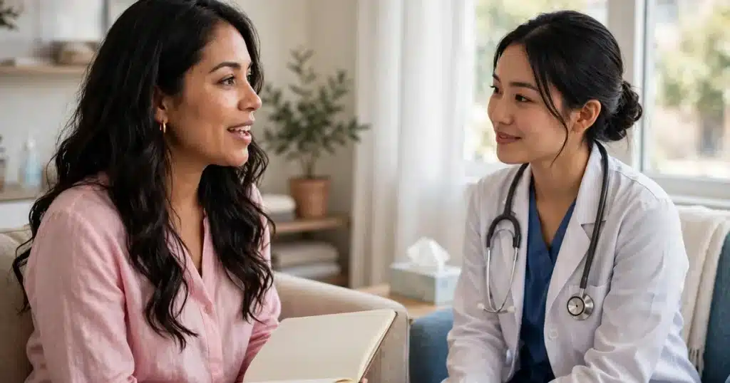 Photograph of a woman with long dark hair in a pink blouse holding a notebook while talking with her doctor, who wears a white coat and a stethoscope