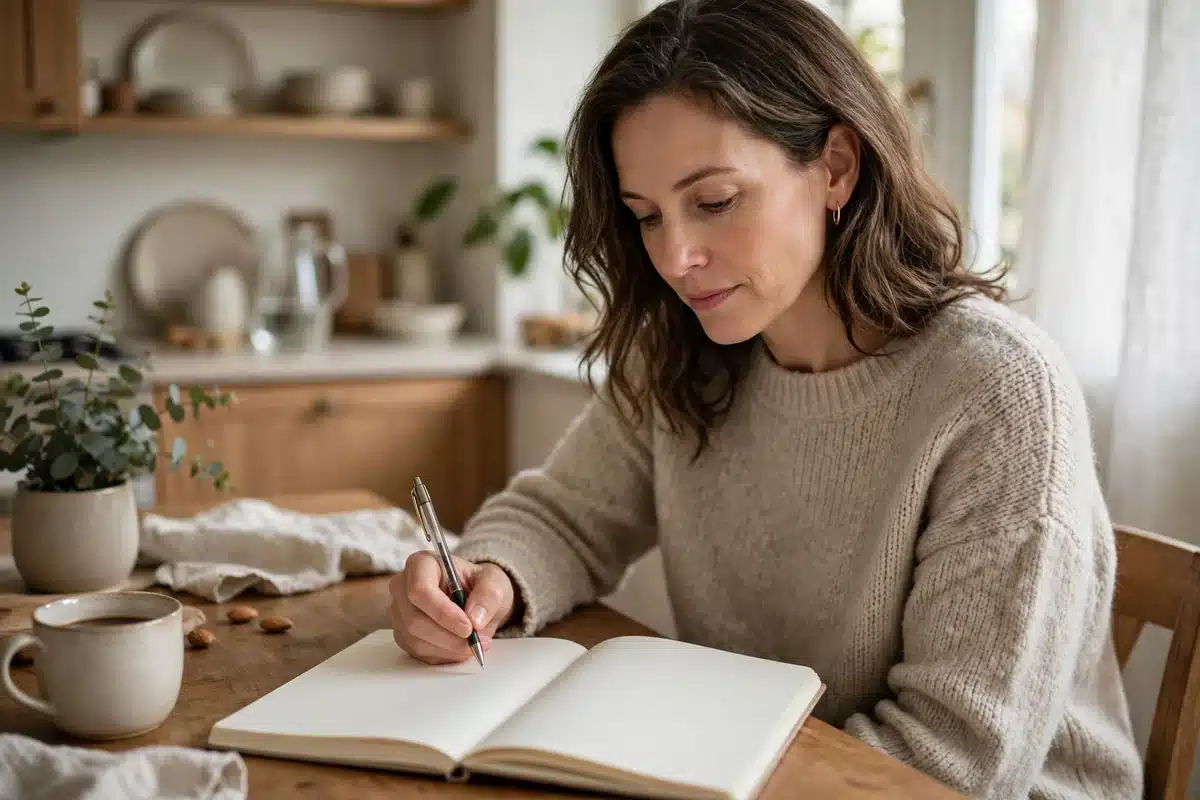 Photo of a woman in her 40s at home reading a plain notebook of questions at her kitchen table in soft daylight