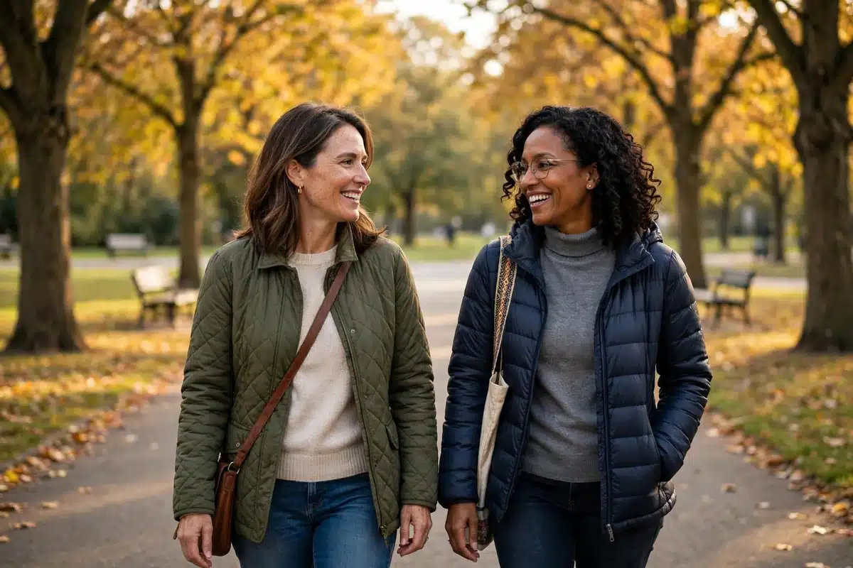 Photo of a woman in her 40s walking with a close friend along a tree-lined park path in warm afternoon light, talking together