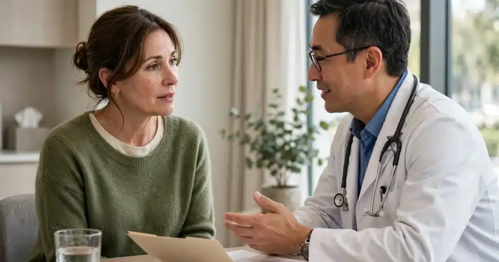 Photo of a woman in her 40s talking with her doctor in a bright clinic office about her pathology report, calm and engaged