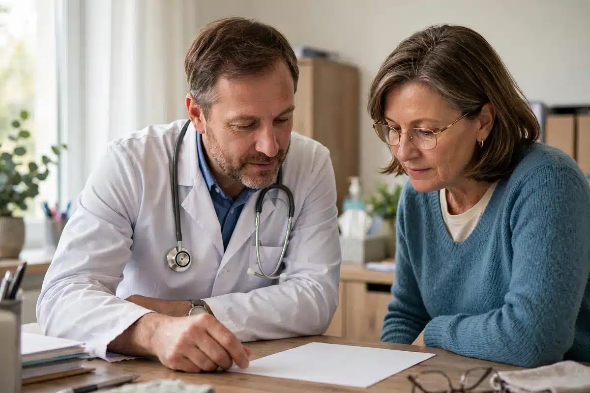 Photo of a doctor explaining a report to a woman patient, both looking at a plain sheet of paper on the desk between them