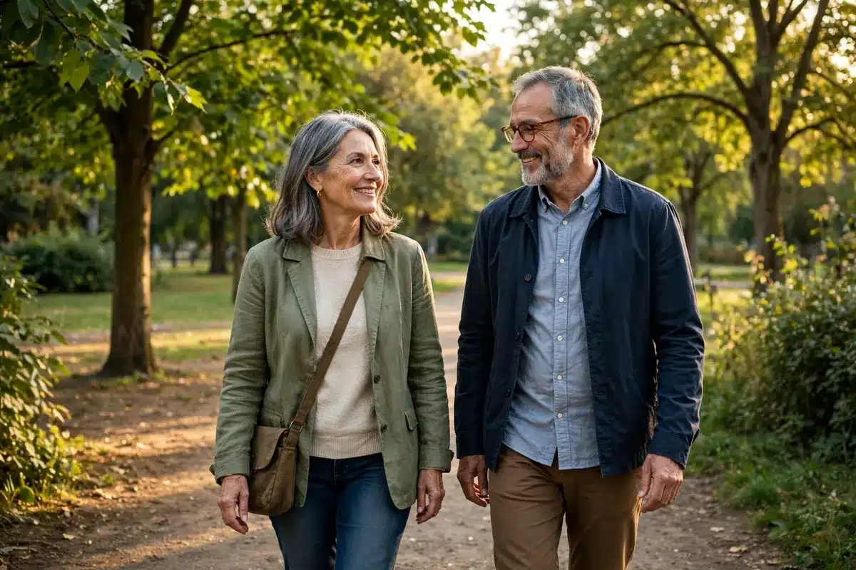 Photo of a woman walking with her husband along a leafy park path in warm afternoon light, relaxed and hopeful