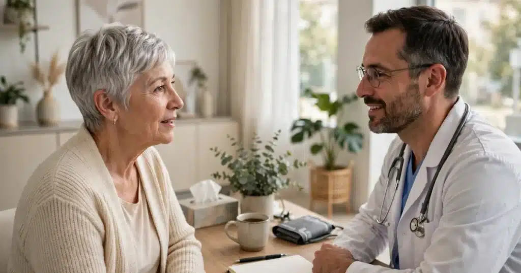 Photo of a woman in her 60s with short silver hair talking with her doctor across a desk in a bright clinic office