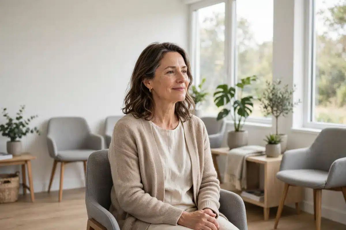 Photo of a woman sitting calmly in a bright clinic waiting area before a routine blood test appointment