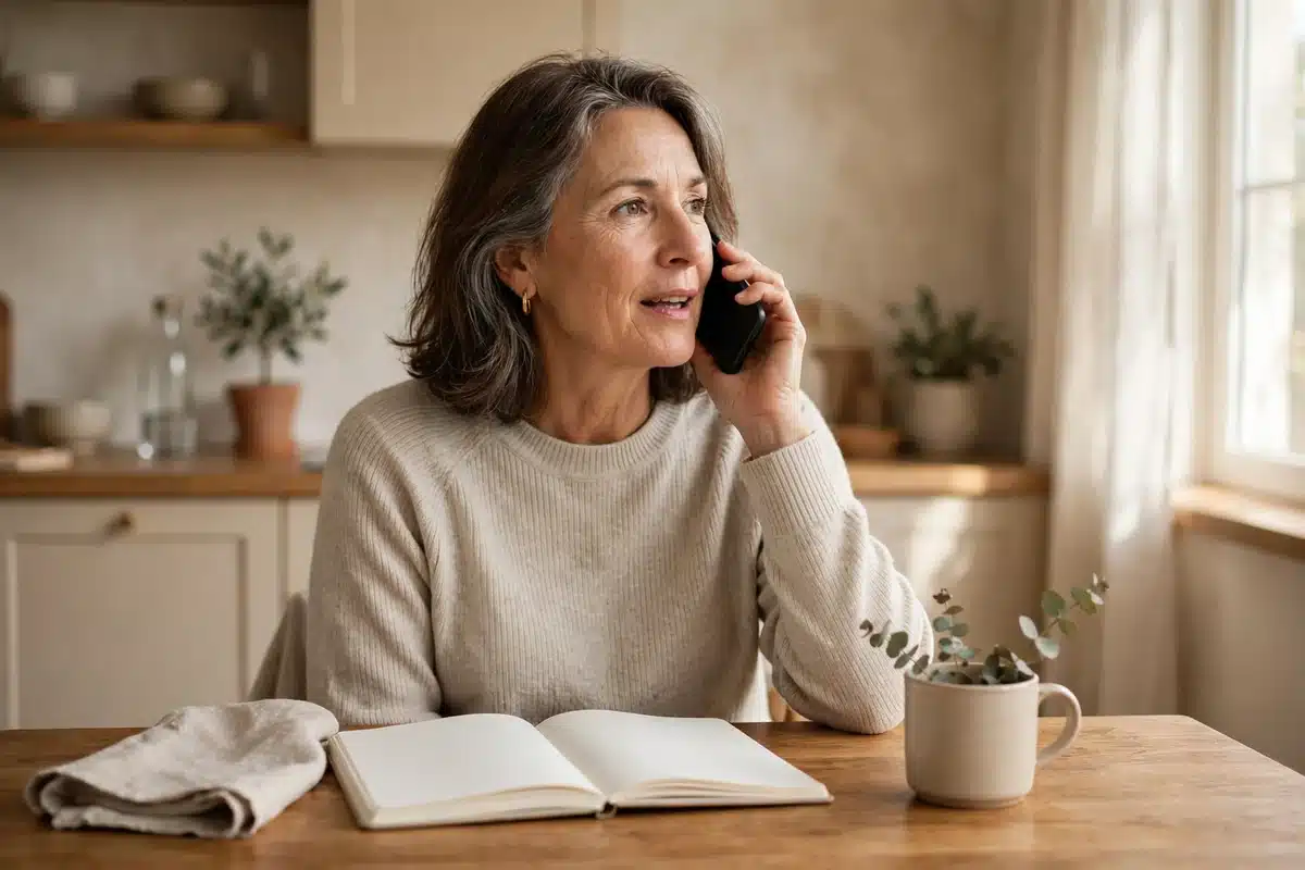 Photo of a woman on the phone at home with a notebook open, talking with her care team about a test result