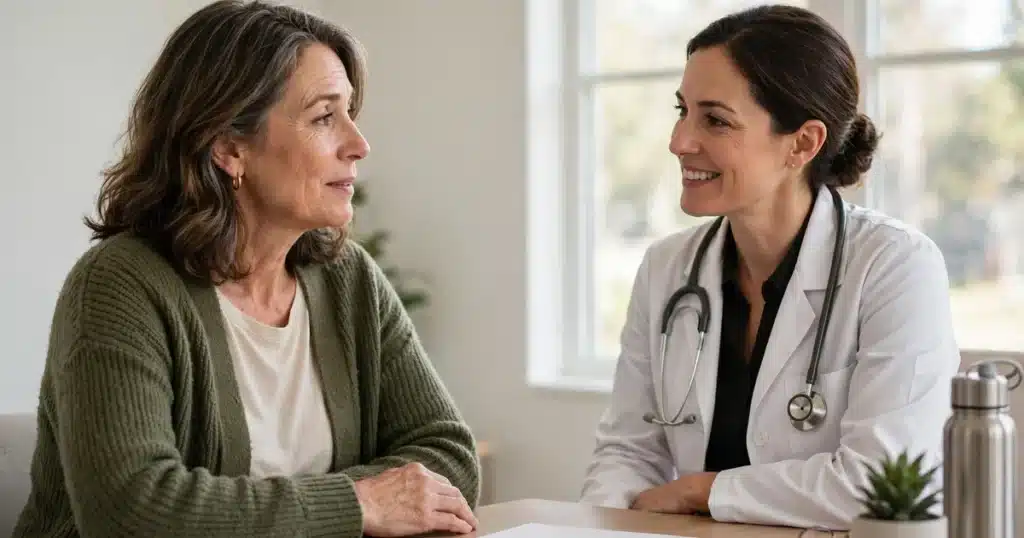 Photo of a woman talking with her doctor across a desk in a bright clinic office, a plain lab report on the desk between them
