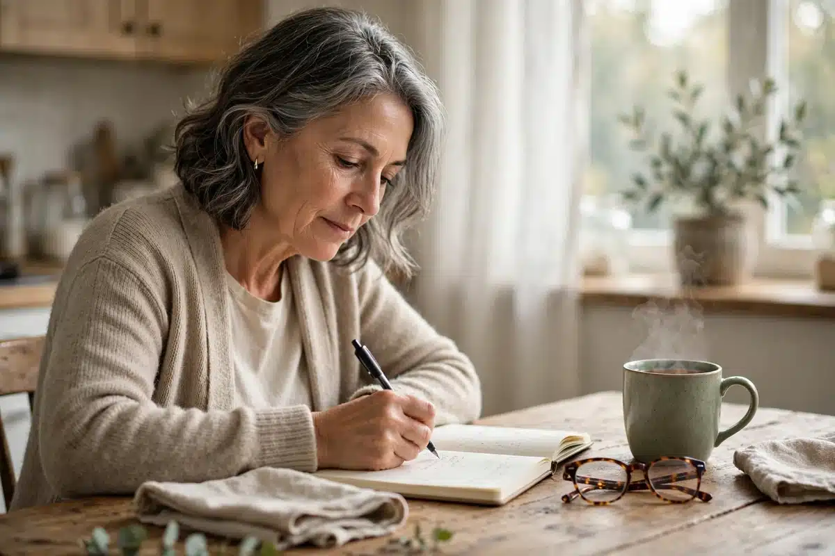Photograph of a woman writing in a notebook at a kitchen table, with reading glasses and a mug of tea beside her