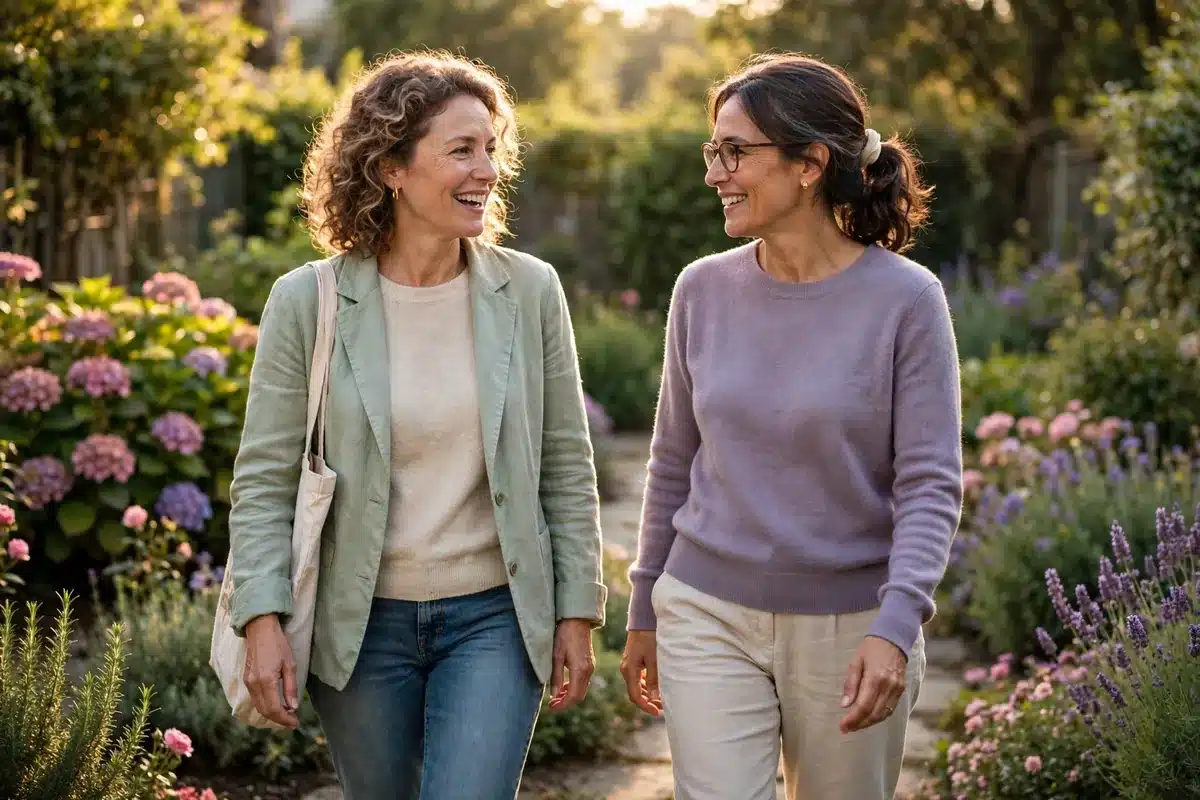 Photograph of two women walking and talking together along a garden path with flowering shrubs