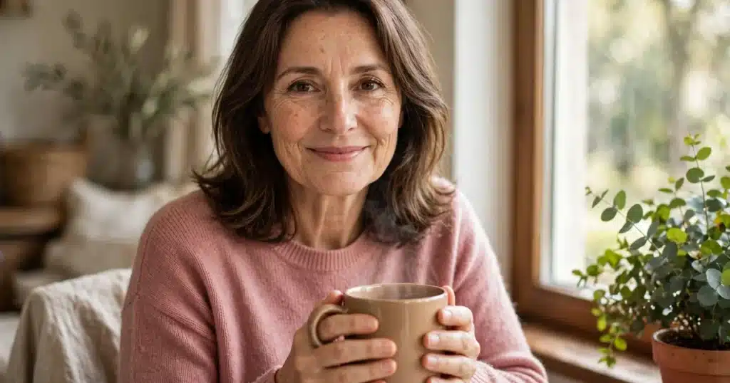 Photograph of a smiling woman in a soft pink sweater holding a warm mug, sitting beside a bright window at home