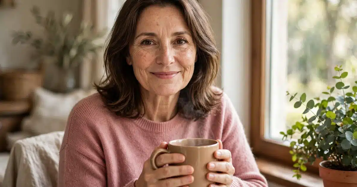 Photograph of a smiling woman in a soft pink sweater holding a warm mug, sitting beside a bright window at home