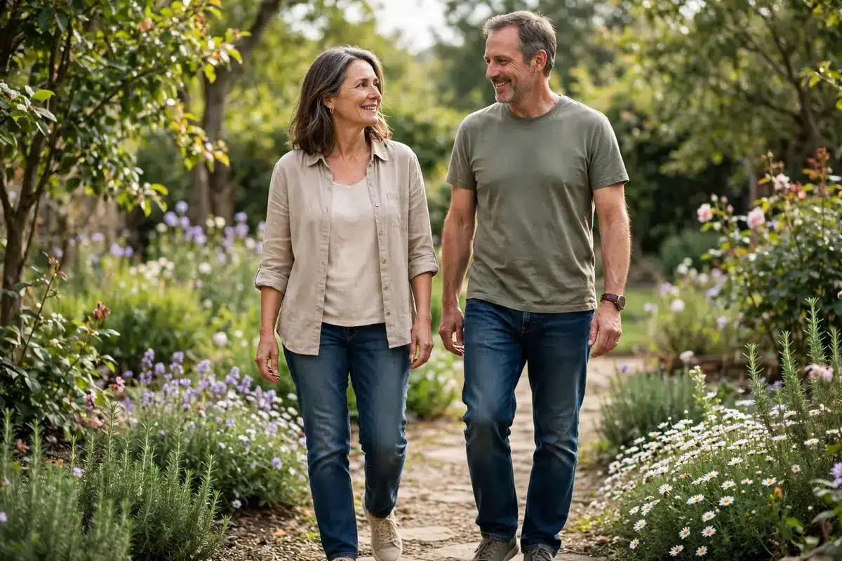 Photo of a woman in her 50s walking with her partner through a sunny garden, hopeful and relaxed, soft daylight, casual plain clothing, warm hopeful mood, no readable text, no logos