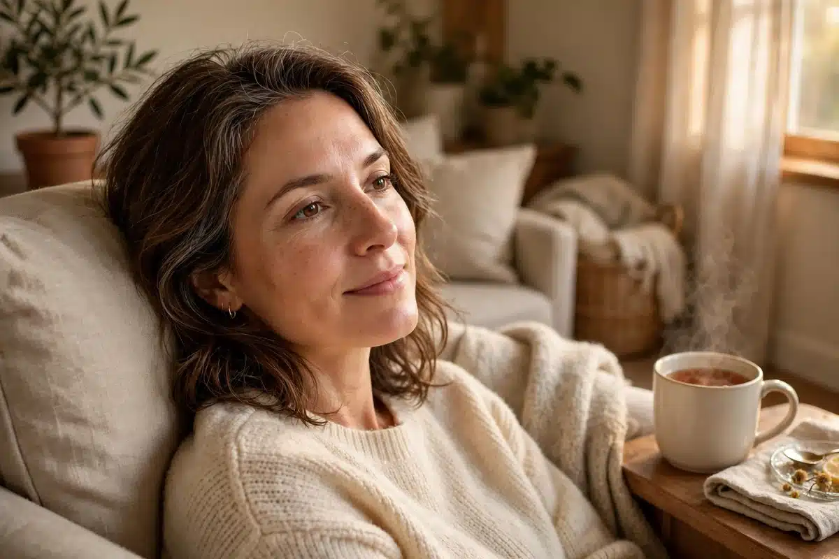 Photo of a woman in her 40s resting at home in a comfortable chair with a cup of tea on a side table, peaceful expression, soft warm afternoon light, cozy interior, no readable text, no logos