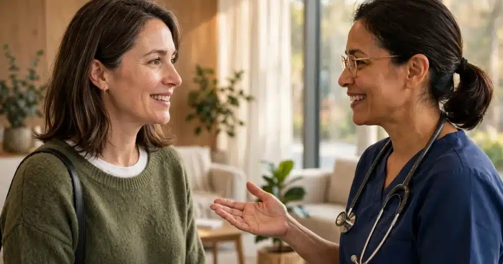 Photo of a woman in her 40s speaking with a friendly radiology staff member in the bright reception area of a breast imaging center, calm, reassuring, warm natural light