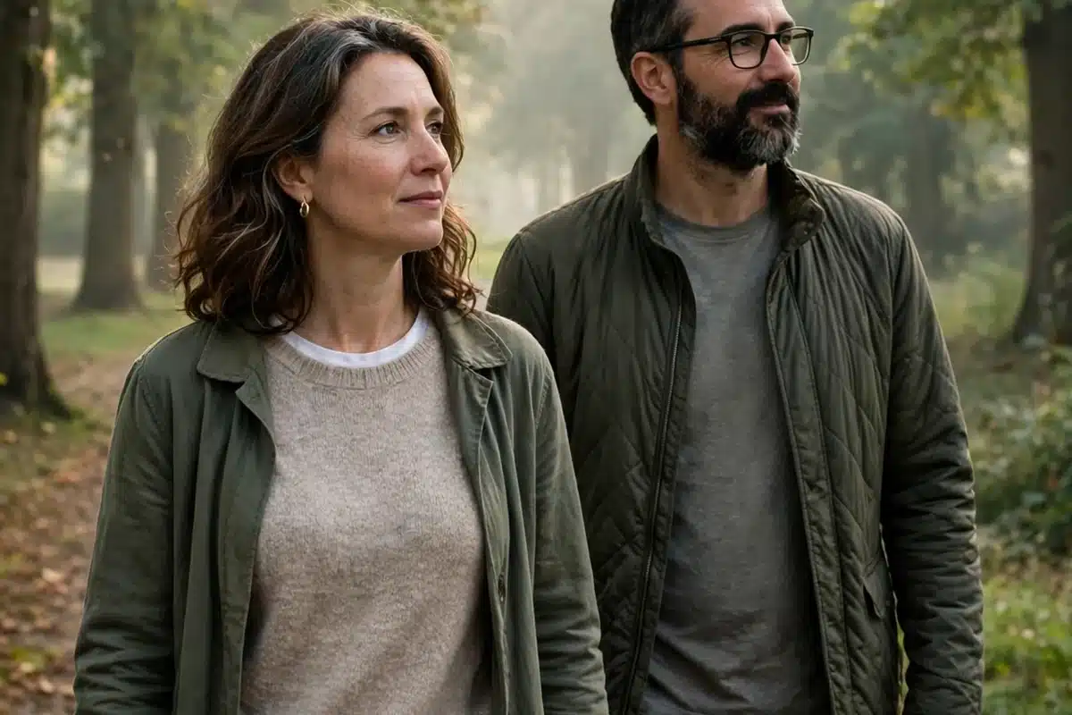 Photo of a woman in her 40s walking on a tree-lined path with her partner, calm and reflective, soft morning light, hopeful mood