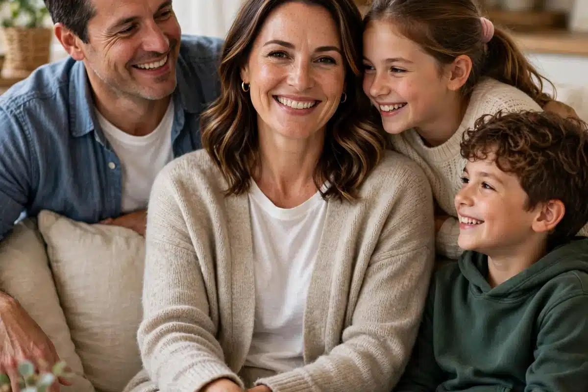 Photo of a woman in her 40s sitting on a sofa at home with her family around her, relaxed and smiling warmly, soft daylight