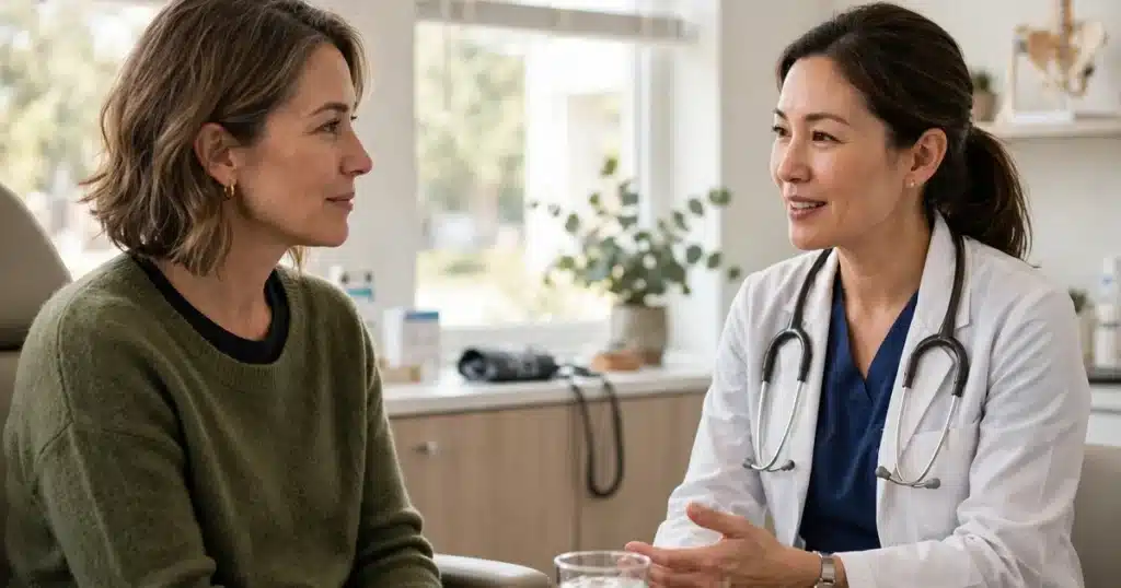 Photo of a woman in her 40s talking with her surgeon in a bright clinic office about surgery choices, calm and unhurried, natural window light