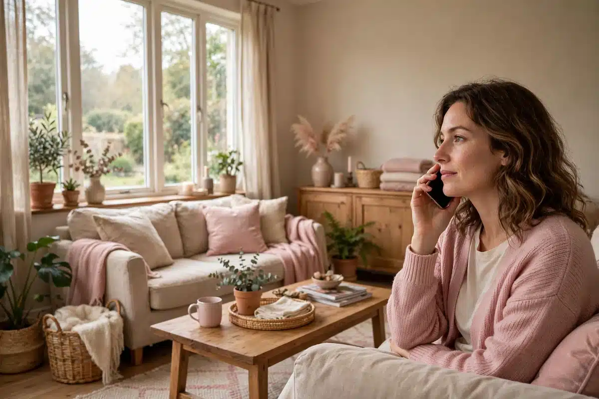 A woman talking on the phone in a cozy living room