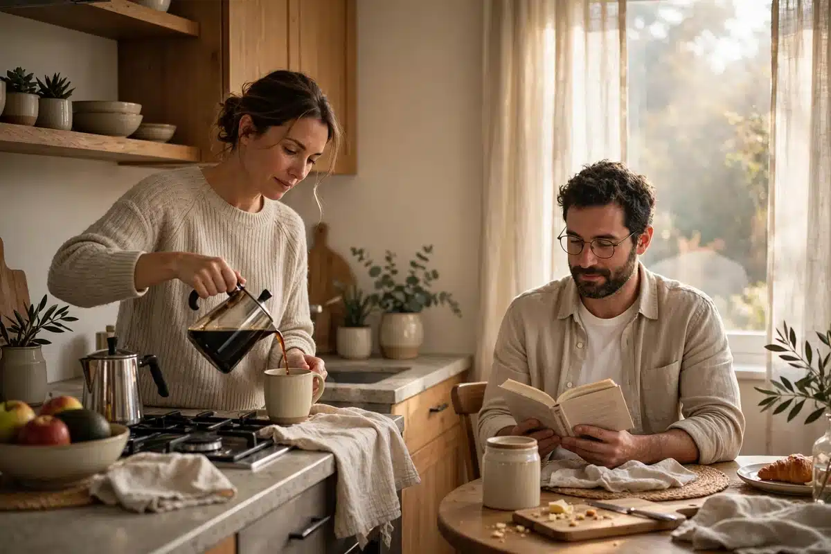 A warm family kitchen scene in the morning with soft sunlight