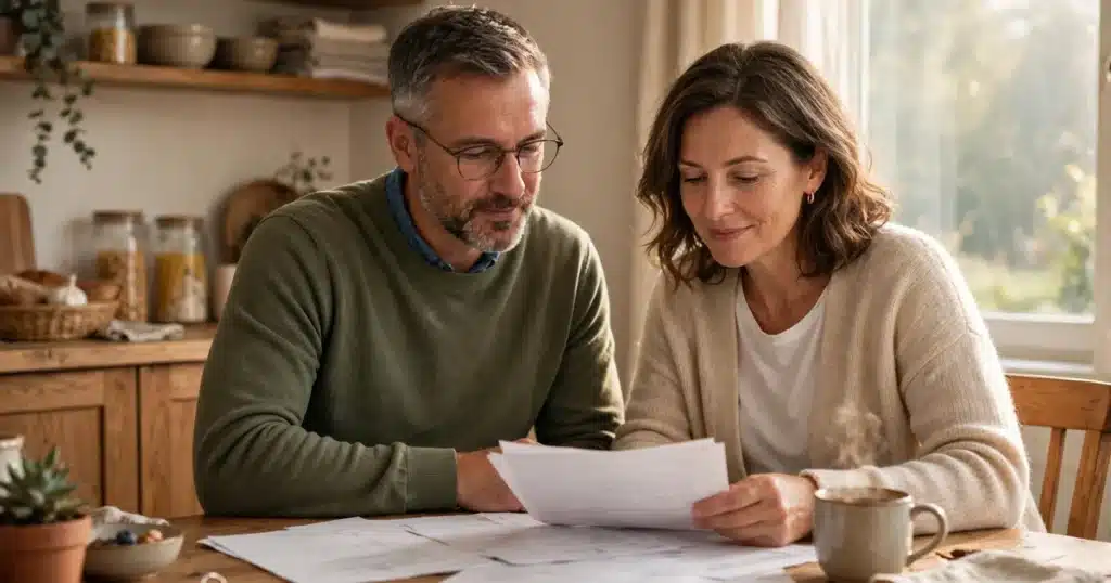 A couple calmly reviewing household paperwork together at a warm kitchen table
