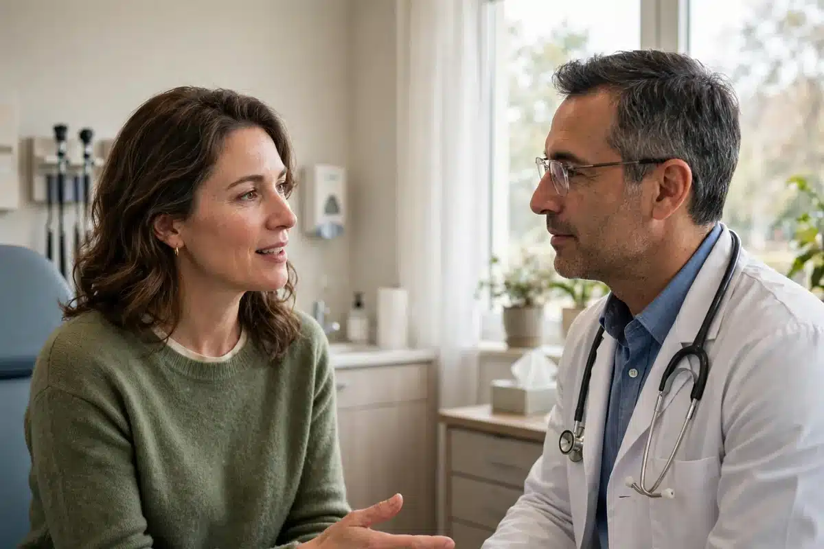 Photo of a woman in her 40s talking with her doctor in a bright clinic room, calm and engaged, natural window light