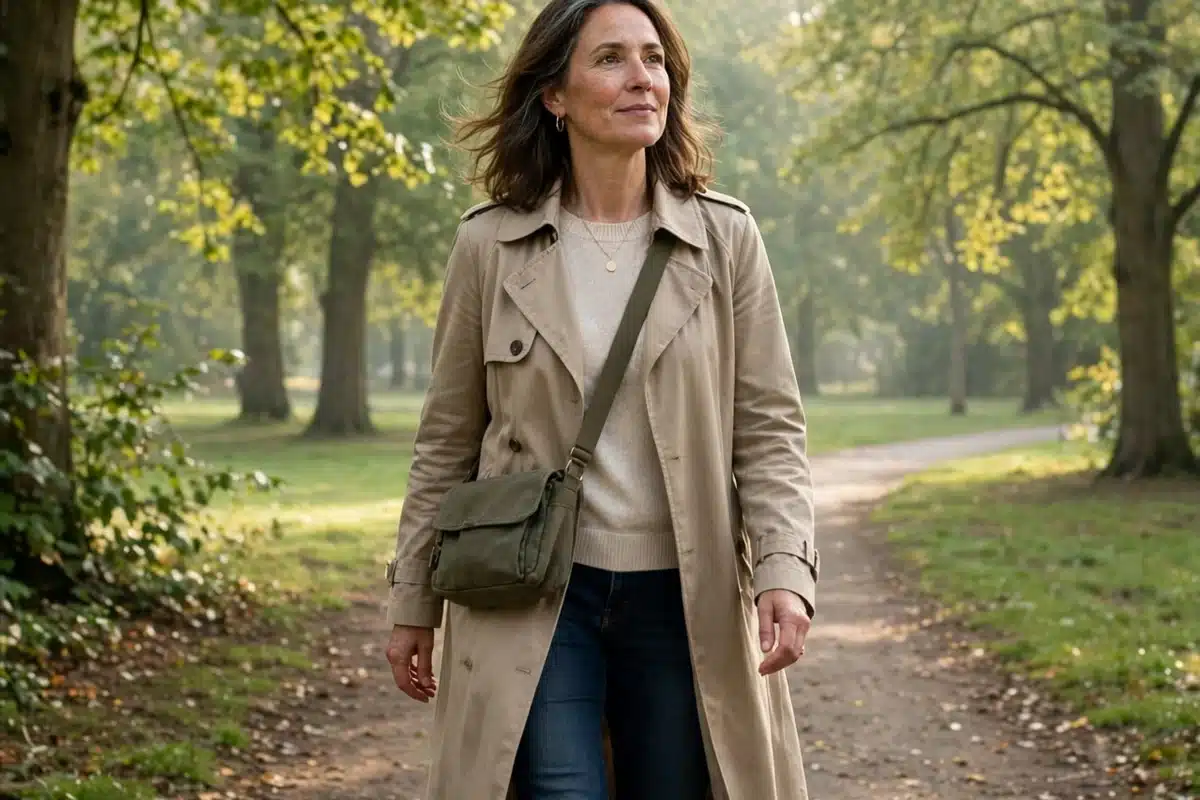 Photo of a woman in her 40s walking alone in a leafy park on a clear morning, calm and reflective, hopeful mood, soft daylight