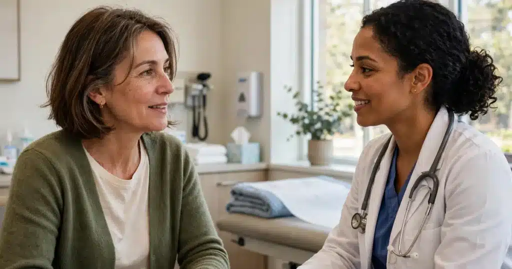 Photo of a woman in her 40s sitting in a bright clinic consultation room talking with a female doctor, both calm, natural window light