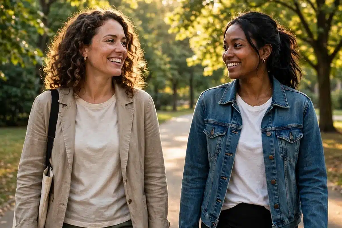 A woman walking with a close friend along a sunlit park path with green trees
