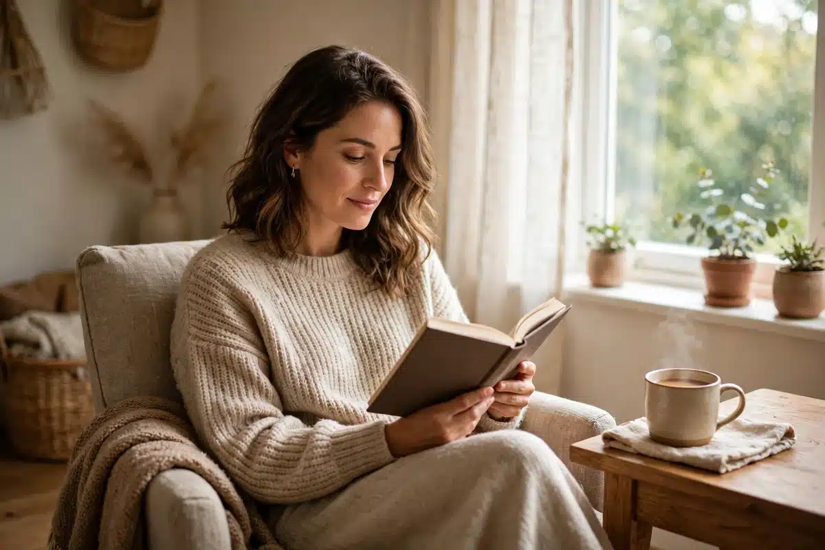 A woman reading a book at home beside a bright window, with a cup of tea nearby