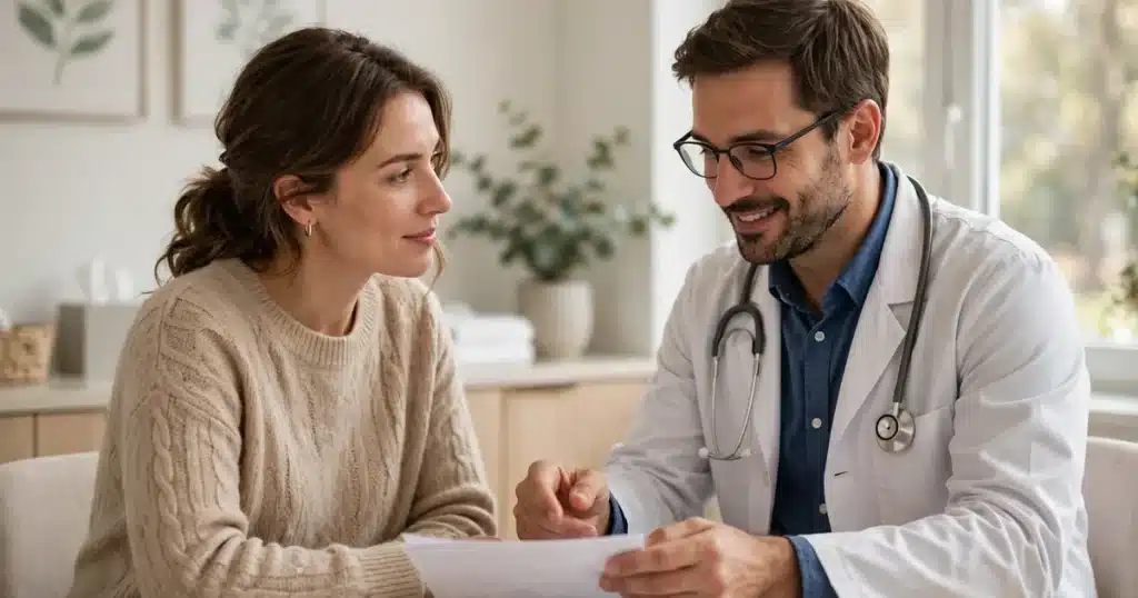 A woman patient talking with a doctor in a bright consultation room, reviewing papers together