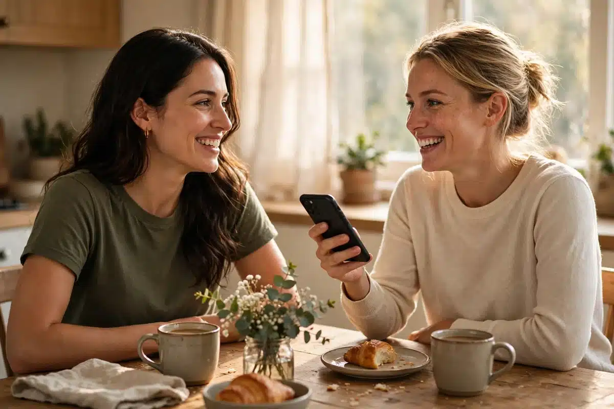 Two women friends talking over coffee at a kitchen table, one holding a phone
